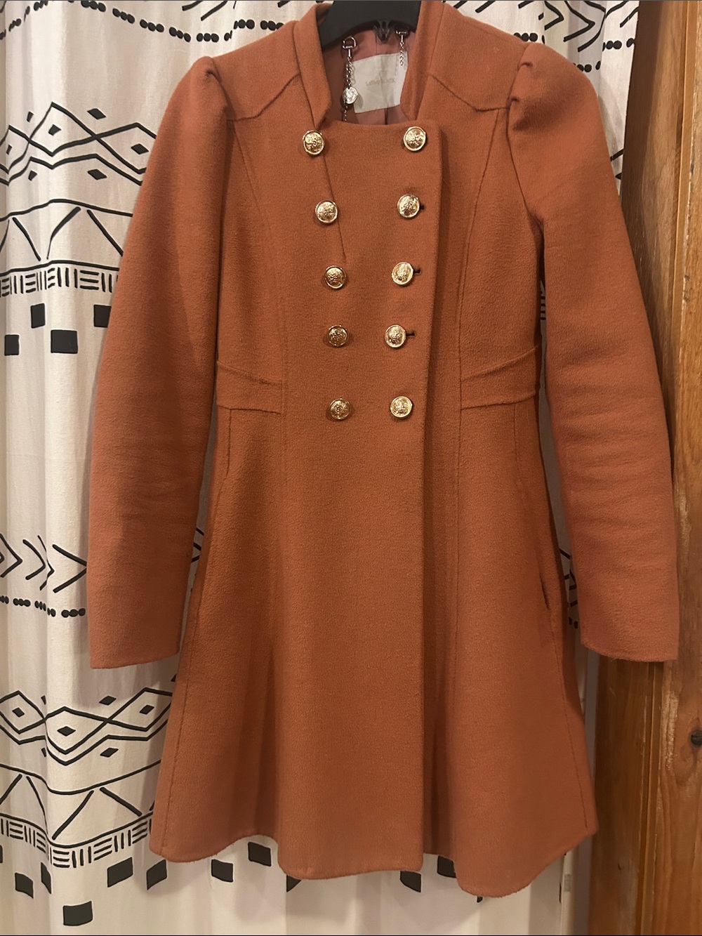 Double-Breasted A-Line Dress Coat in Rust with Gold Buttons